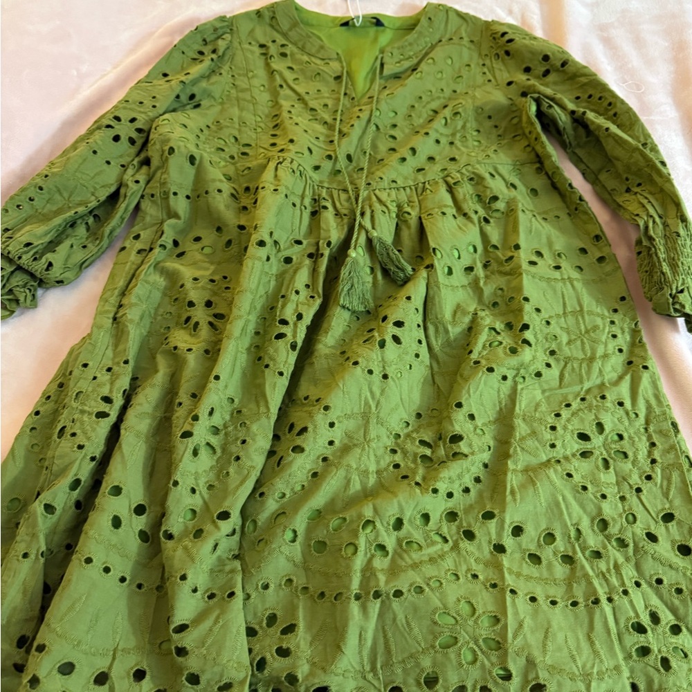 Chic Long Sleeve Green Eyelet Dress